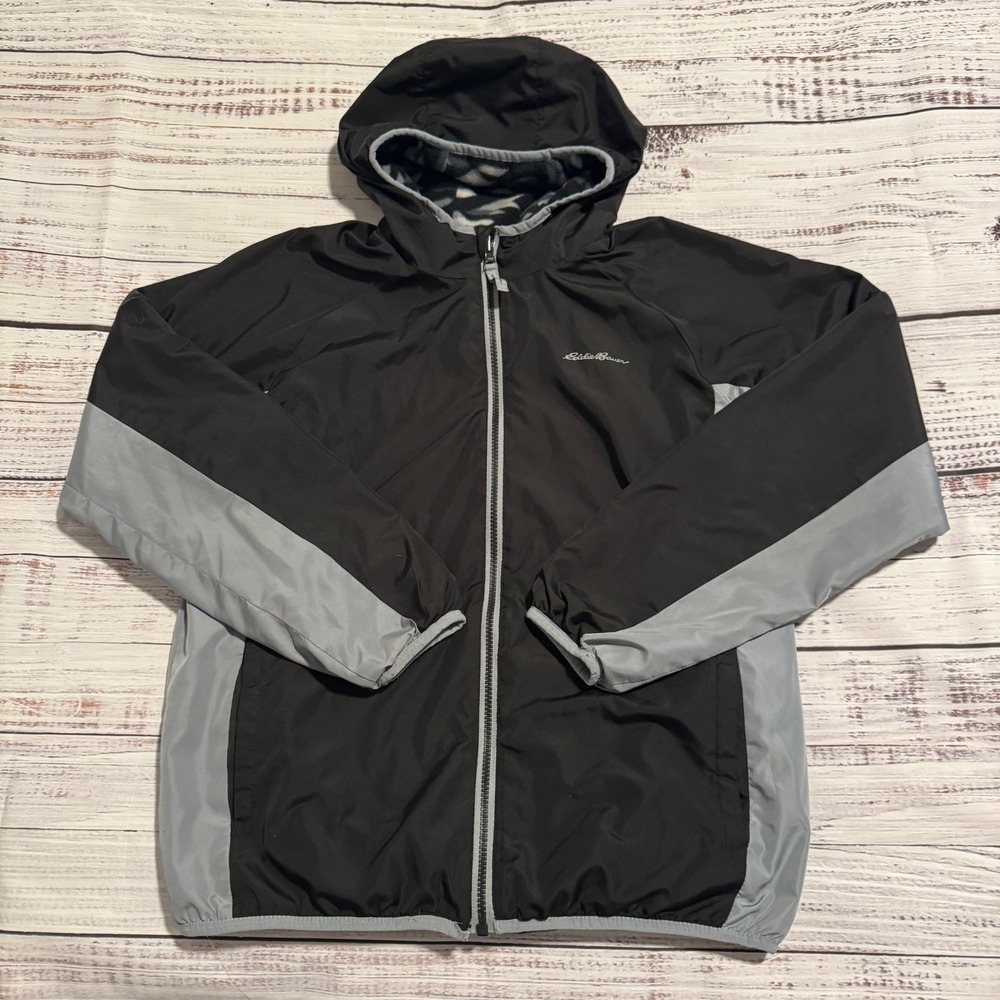 Eddie Bauer Reversible Jacket Full Zip Hooded Black Camo Boys Size‎ L (14-16)